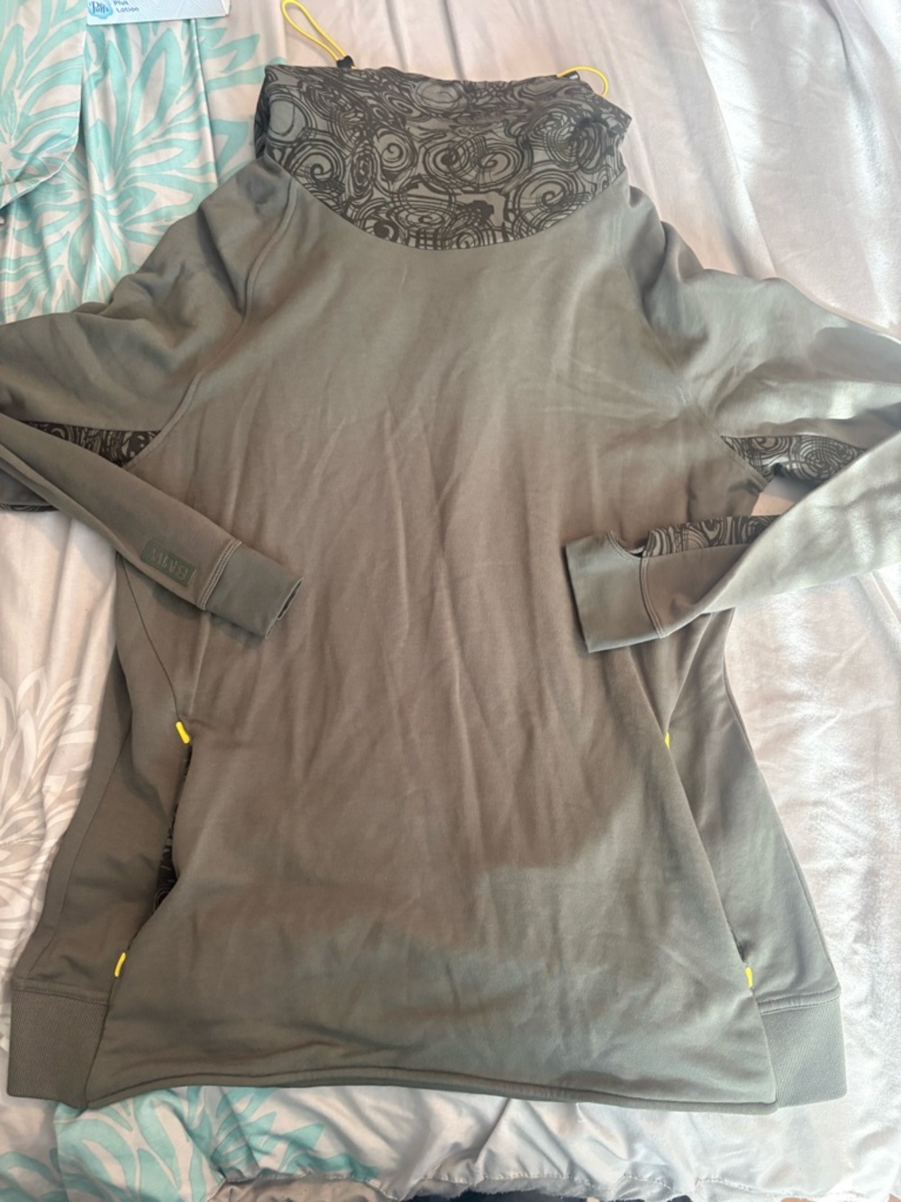 BMW Olive Green Women's Pullover Hoodie with Patterned Mock Neck